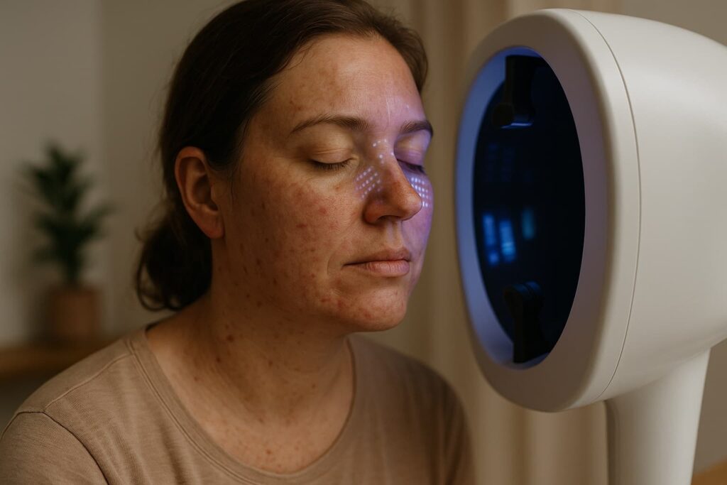 Mujer real con piel sensible y marcas de acné recibiendo diagnóstico facial con luz UV e inteligencia artificial en Moncada