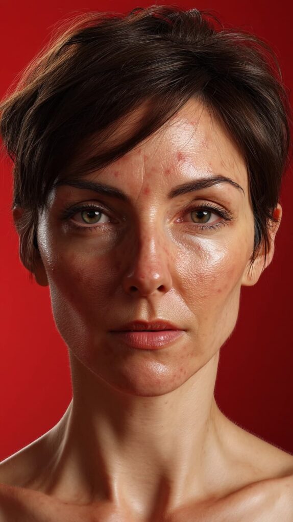 Mujer real con expresión reflexiva y piel sensible, mostrando acné, rosácea o manchas, buscando soluciones para su piel con un diagnóstico facial avanzado